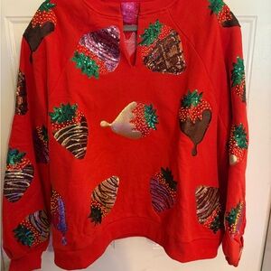 QUEEN OF SPARKLES Red Sweater with Colorful Strawberry Designs